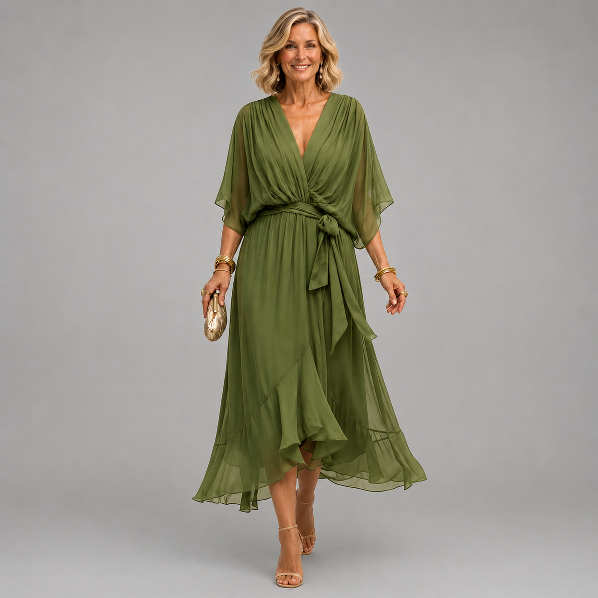 Monica wrap midi dress in green, full-length front view with tie belt