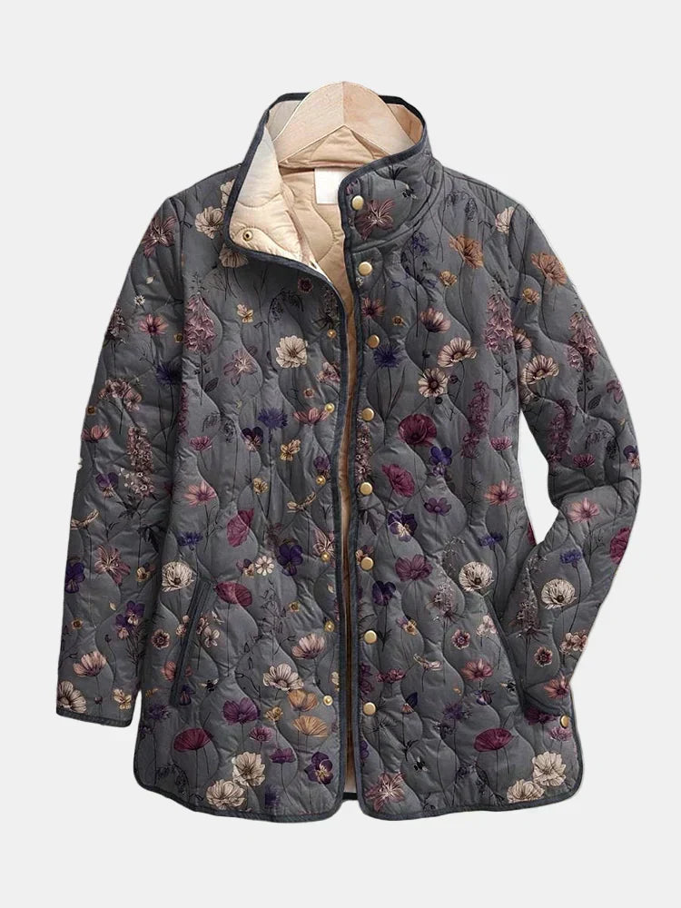 Niva vintage floral print jacket in grey, front view with stand-up collar
