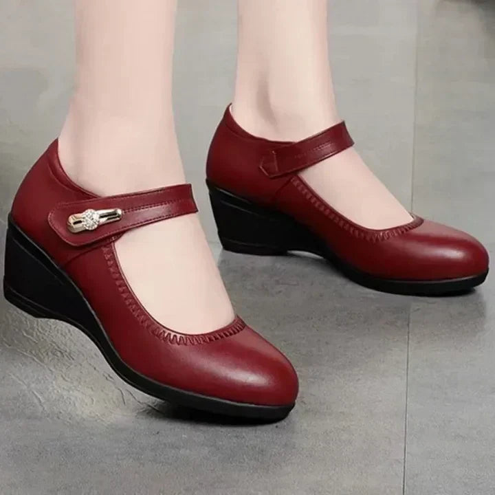 Lydia mid-heel comfort shoes in red, front view of stitched vamp