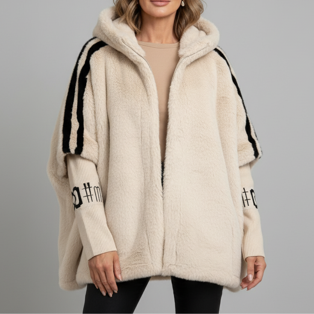 Brinley hooded teddy jacket in beige, front view with ribbed cuffs