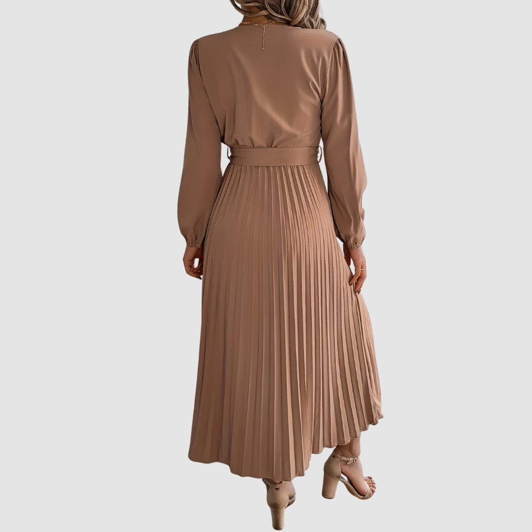 Celeste Bloom pleated midi dress in khaki, back view showing tie belt