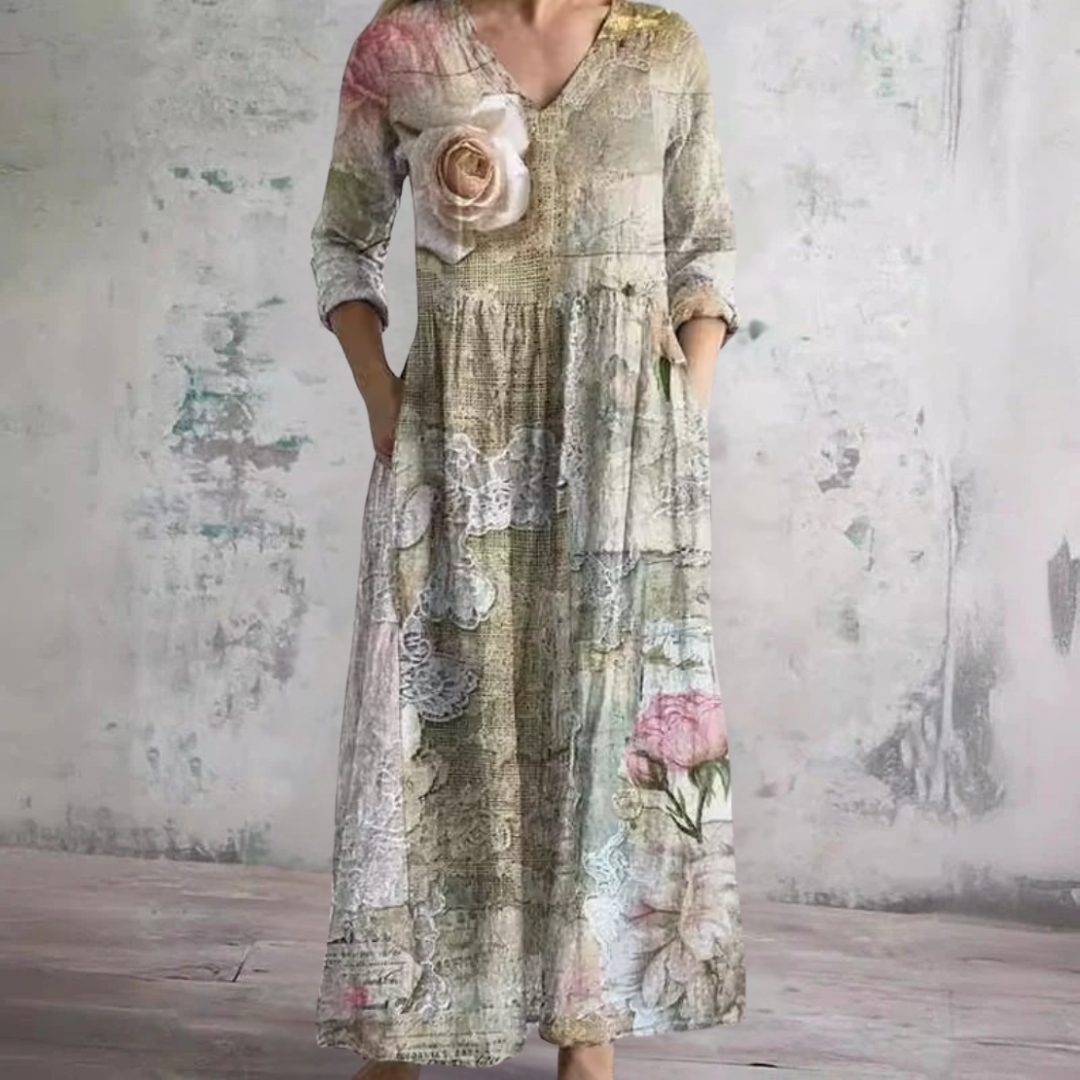 Fiona floral summer maxi dress in beige, full-length front view