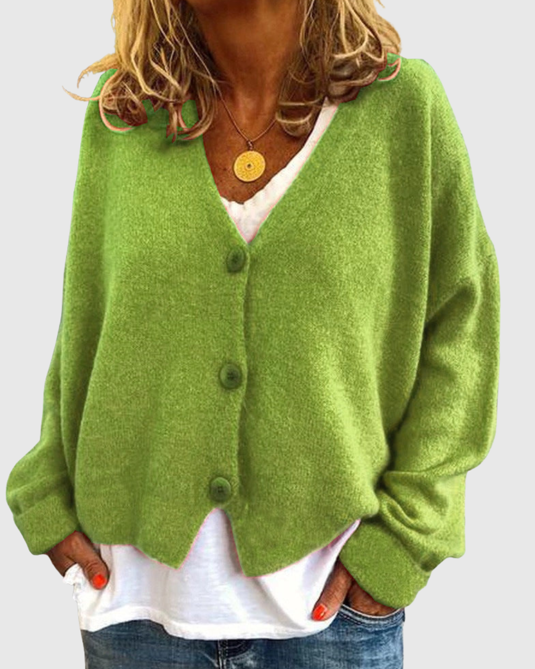 Evelora knit cardigan in green, front view with tonal buttons