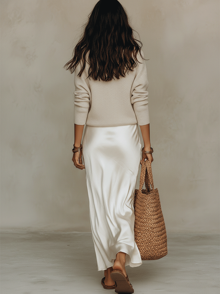 Ivory two-piece slip dress set, back view showing flowing long skirt