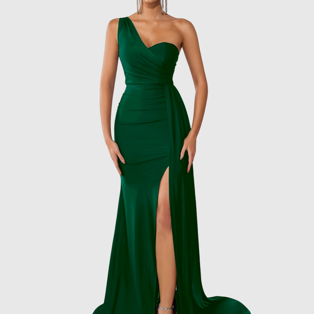 Selvyna one-shoulder mermaid gown in dark green, full-length front view