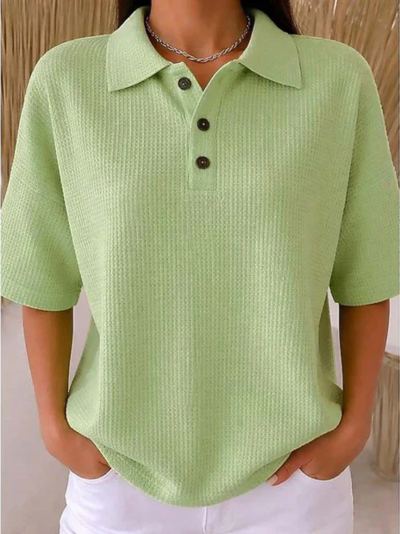 Peggie waffle polo blouse in green, collar detail front view