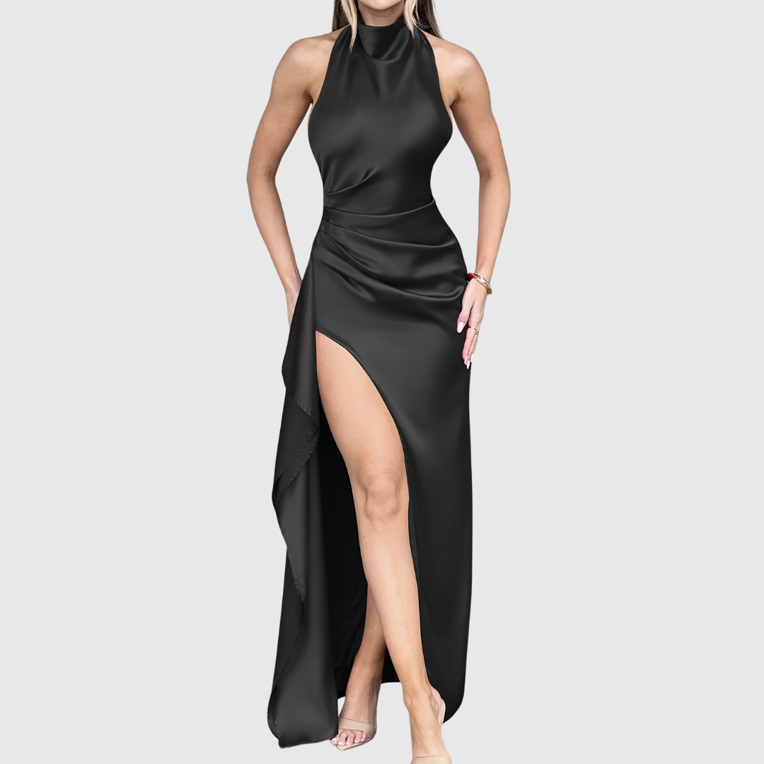 Tahlia satin evening dress in black, full-length front view