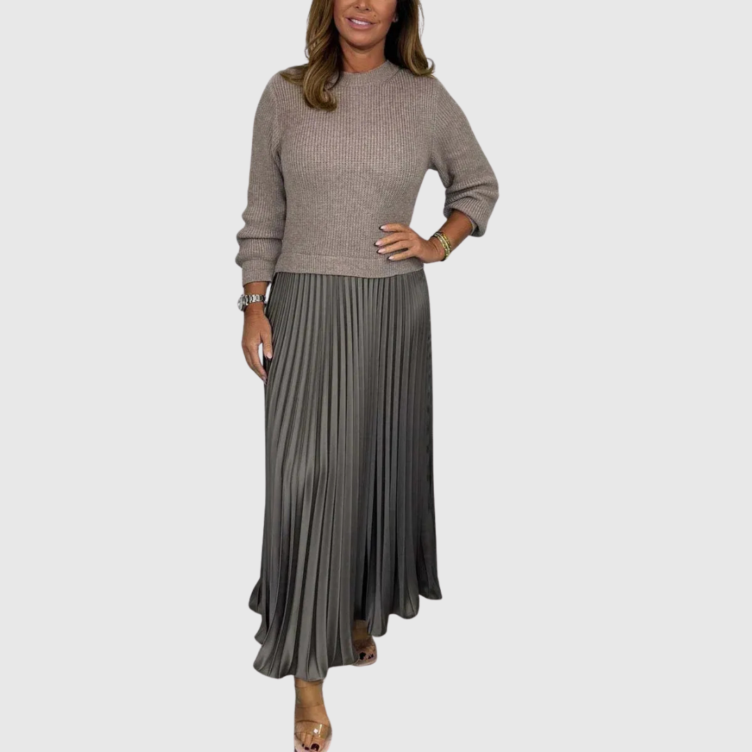 Alarice sweater and pleated skirt set in taupe and grey, full-length front view