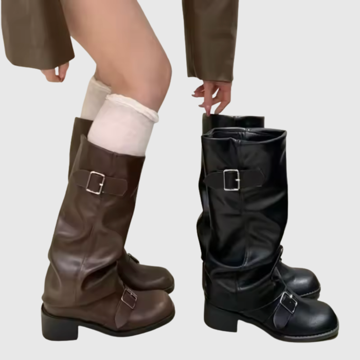 Isoldeia buckled platform boots in brown and black, side view on model