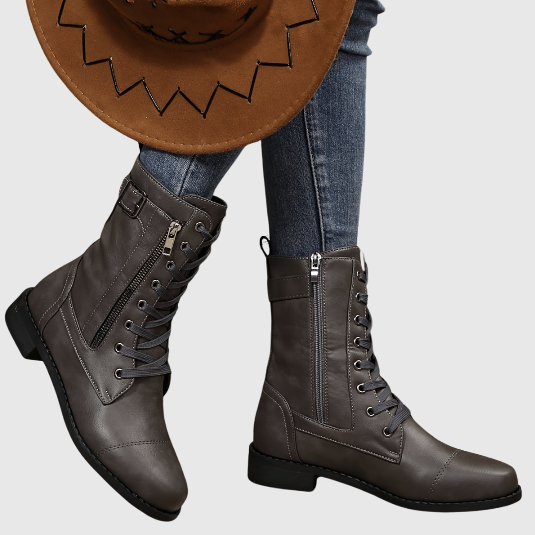 Carmine side-zip lace-up boots in grey, side view with hat