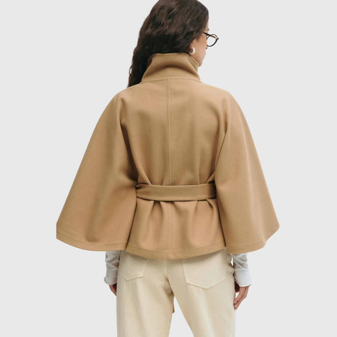 Rhoslyn belted cape jacket in beige, back view