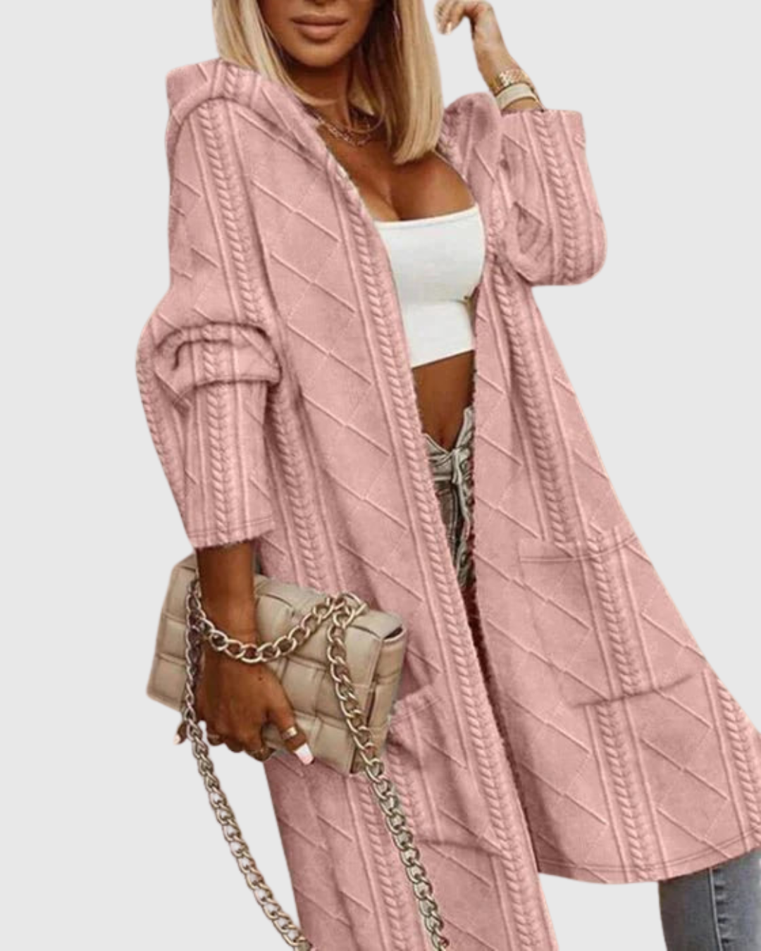 Honoria hooded cable-knit cardigan in rose, full-length front view