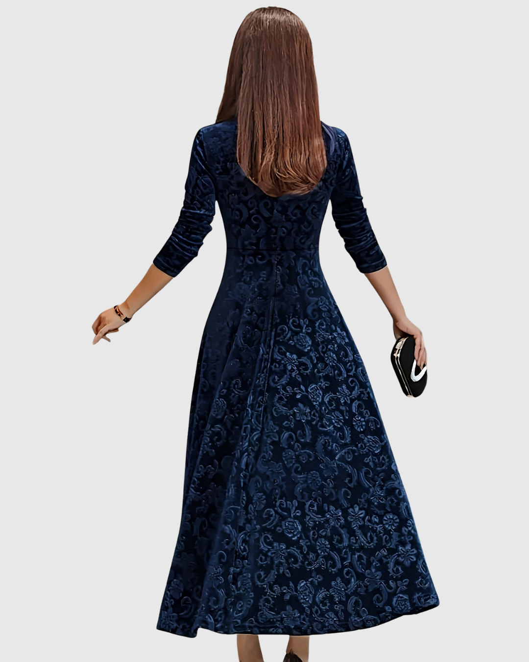 Vespera floral velvet midi dress in navy, back view