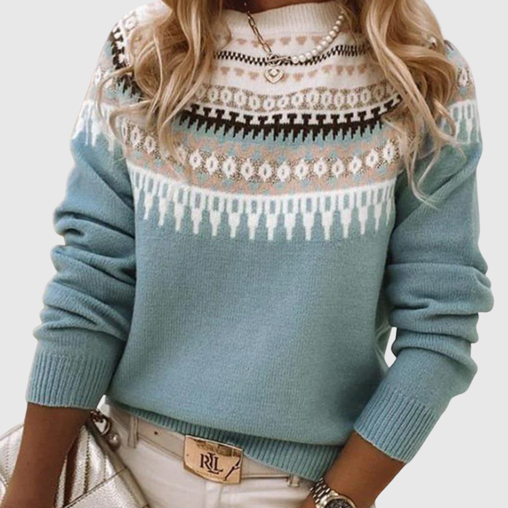 Celeste knitted sweater in blue, patterned yoke front view