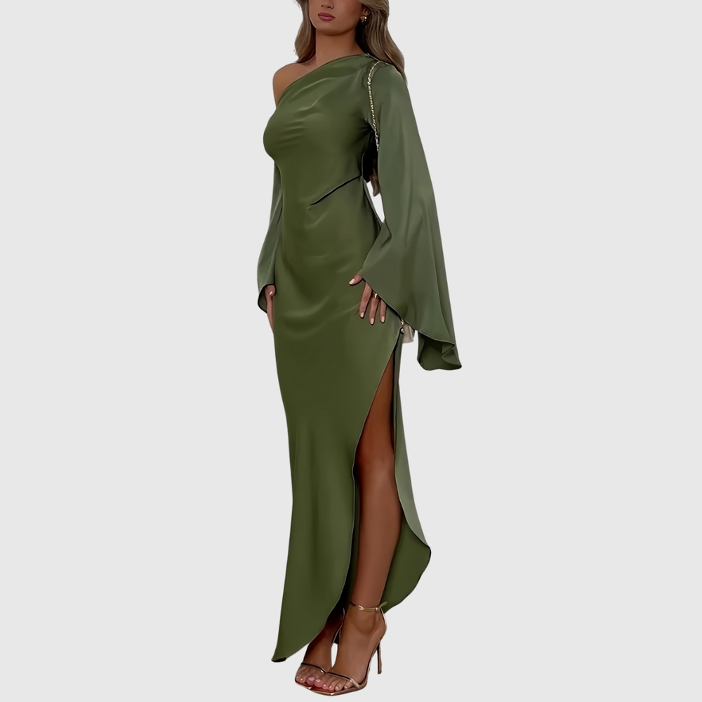 Alyne one-shoulder evening dress in army green, full-length side view