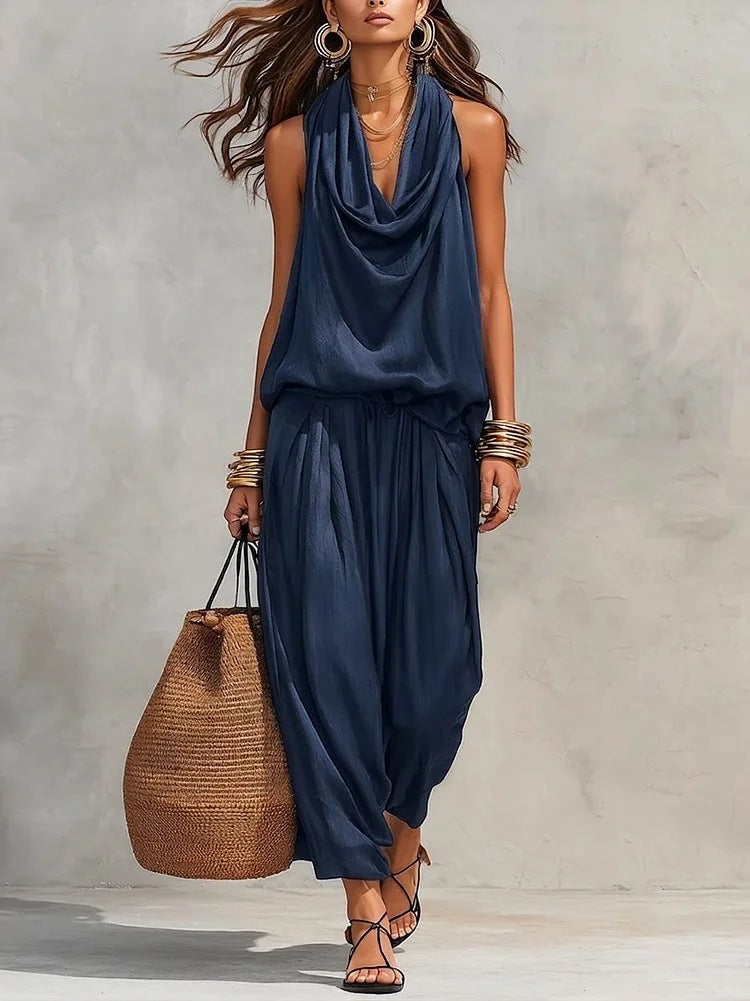 Demetria draped two-piece set in dark blue, front view