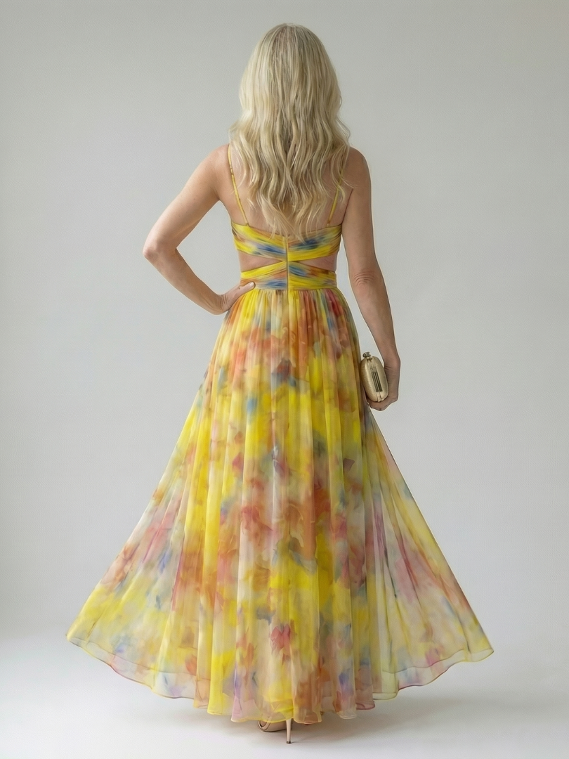 Isel soft wrap maxi dress in yellow, back view