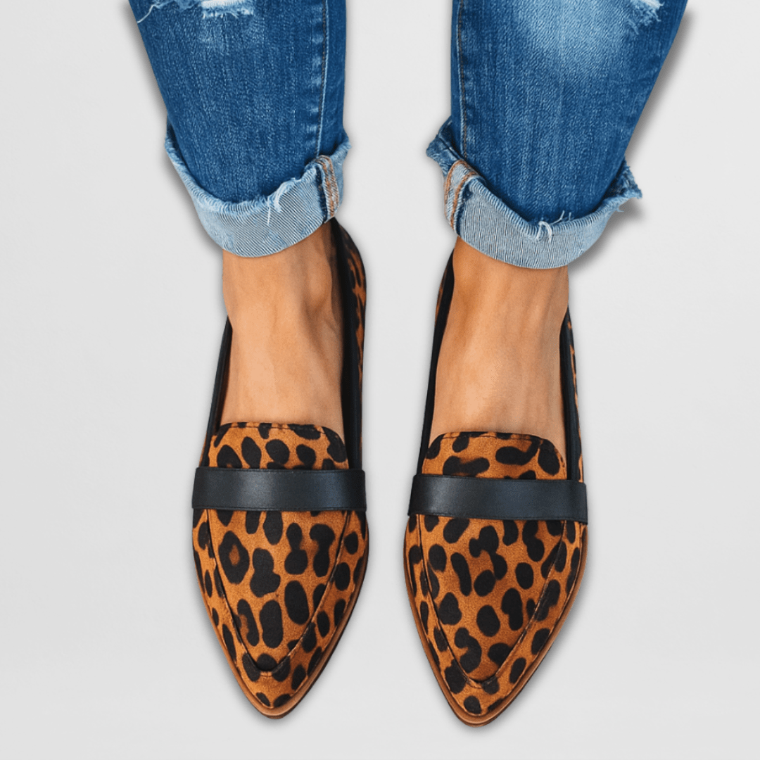 Sylvia loafers in leopard print, front view worn with jeans
