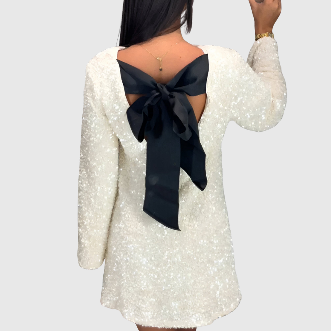 Maribelle sequin dress in white, close-up of open back and bow