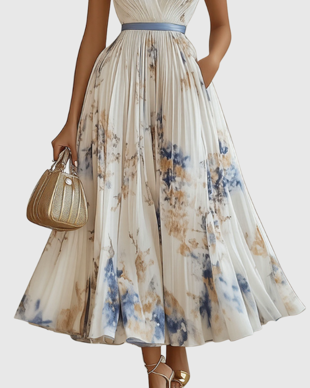 Rowella pleated maxi dress in white, close-up of pleated floral skirt