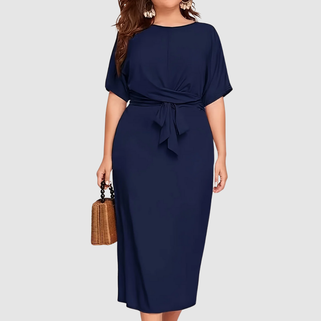 Margaux Lane timeless midi dress in navy blue, front view with waist tie
