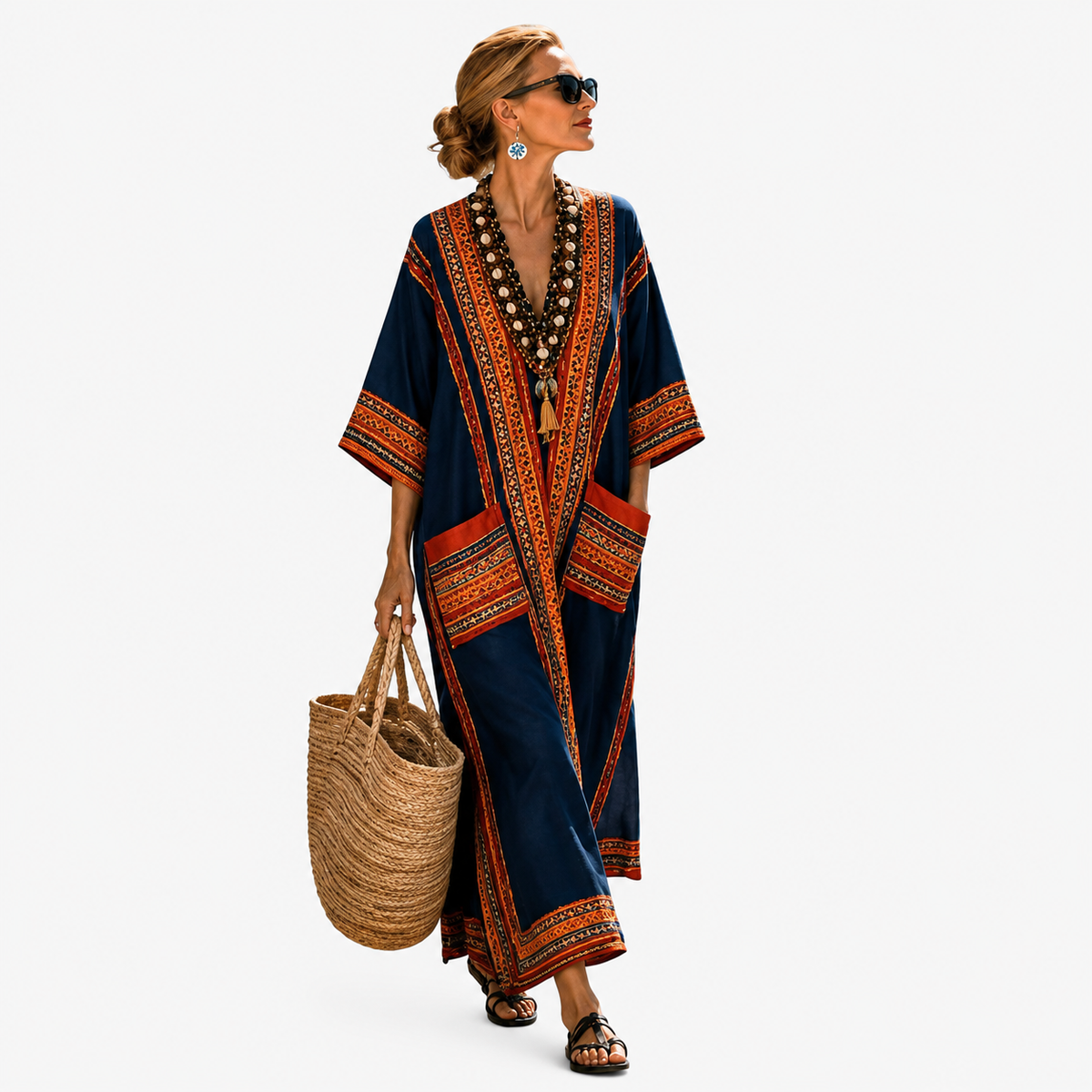 Long kaftan in navy with orange tribal border, full-length front view
