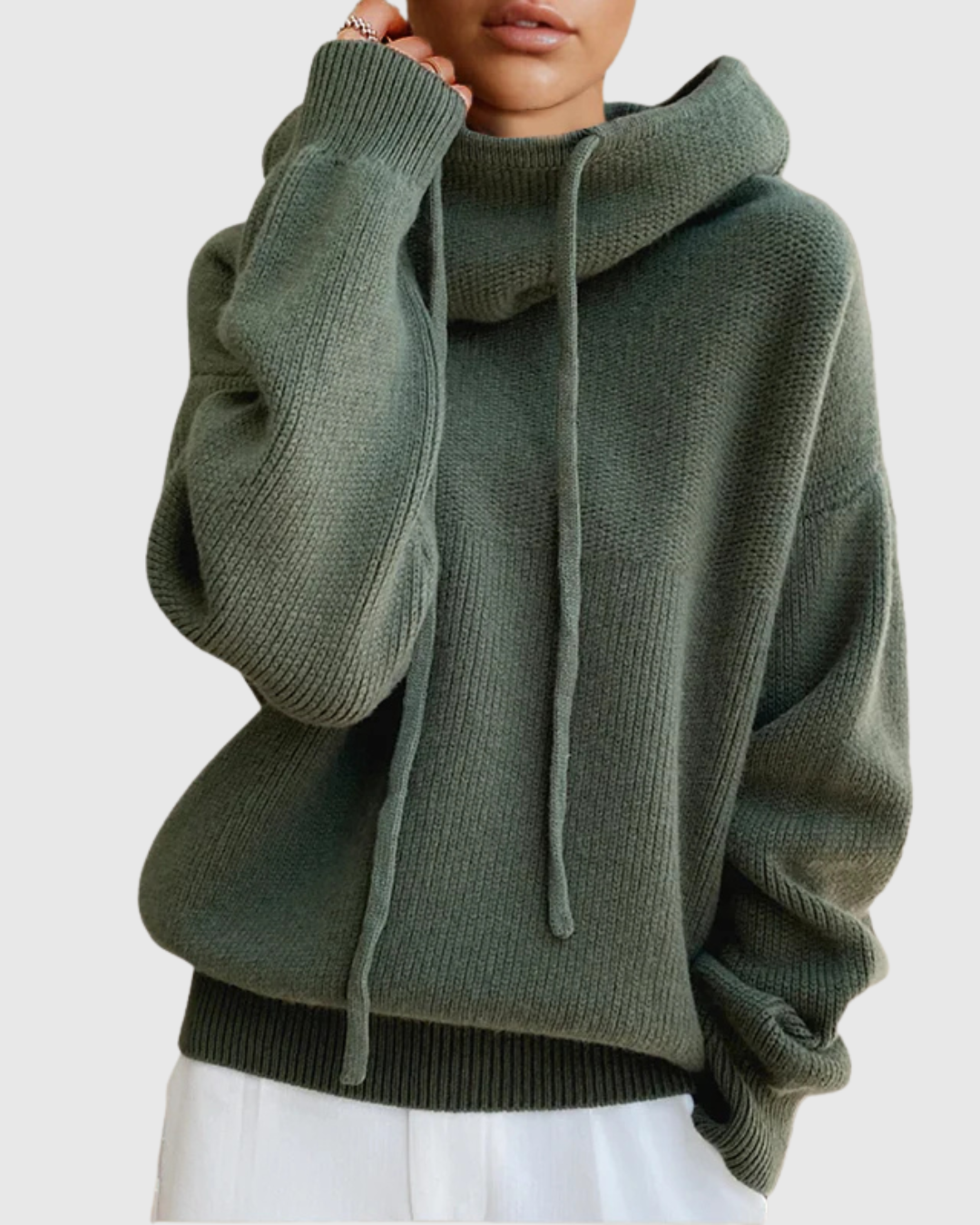 Calyssia soft touch hoodie in green, front view with cowl hood