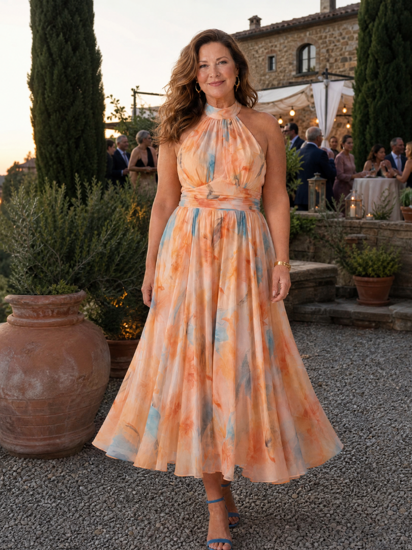 Elin halter midi dress worn at an evening garden celebration
