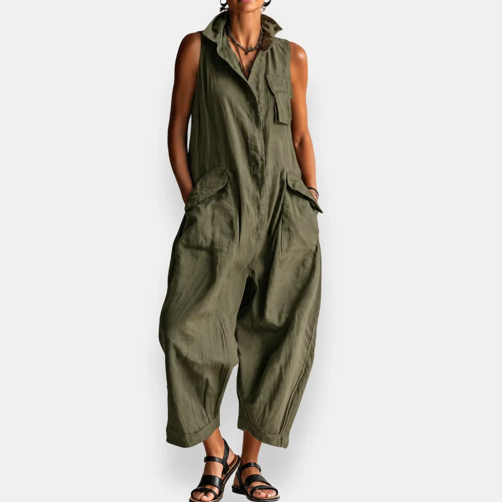Ryker sleeveless cargo jumpsuit in green, full-length front view