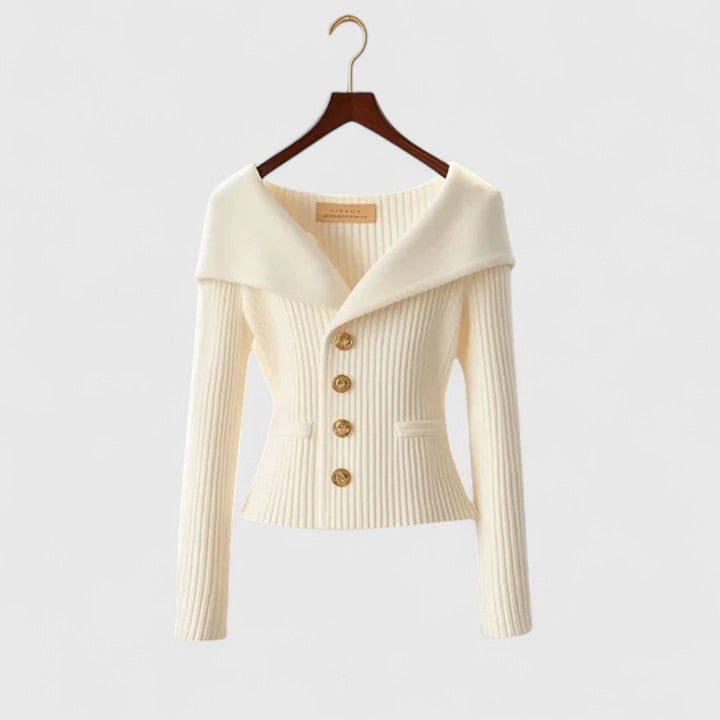 Elara soft knit cardigan in white, front view on hanger