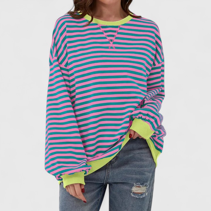 Olwyn everyday striped sweater in pink and teal with lime trim, front view