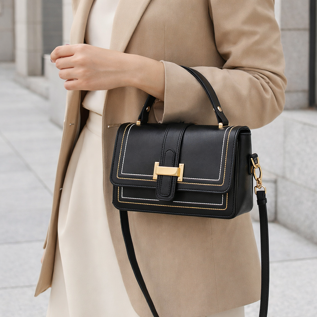 Luna Paris bag in black worn on the shoulder with a beige blazer