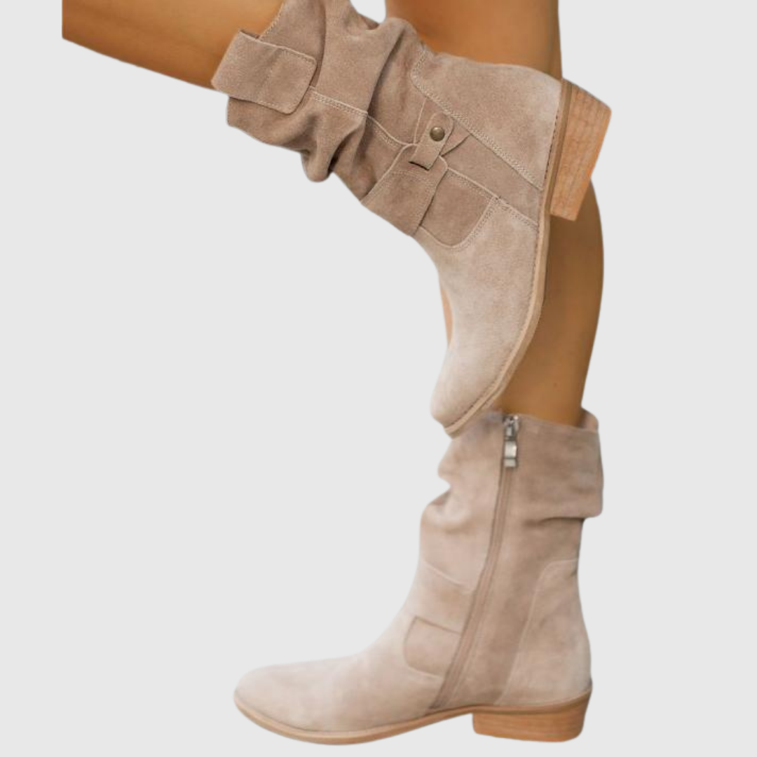 Corissa slouchy suede boots in beige, side view with zip