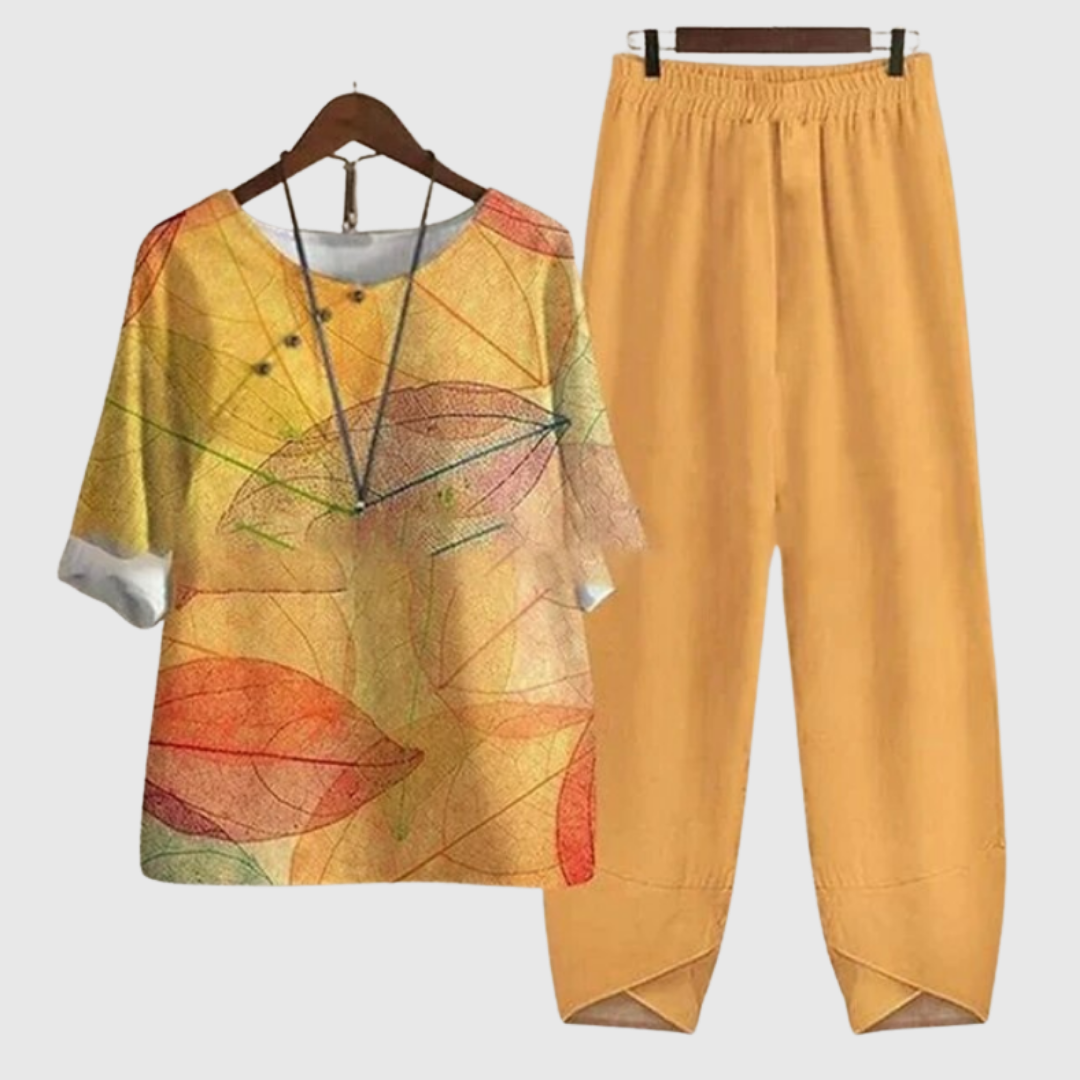 Clarisse two-piece set in yellow leaf print, top and trousers
