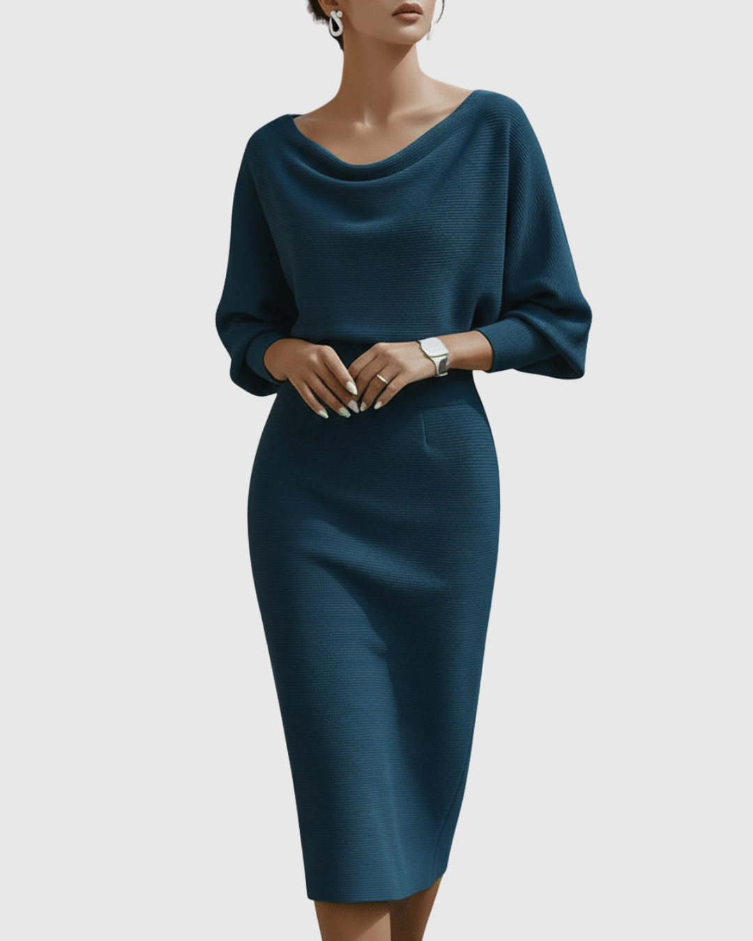 Isméria draped batwing midi dress in teal, front view