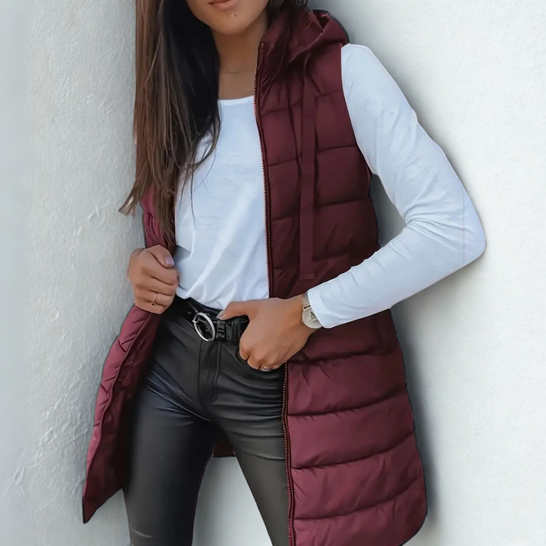 Eirlys hooded puffer vest in claret, full-length front view