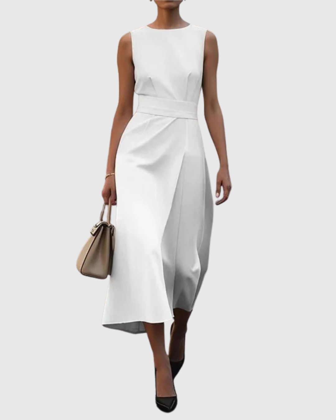 Clarimond round neck dress in white, full-length front view