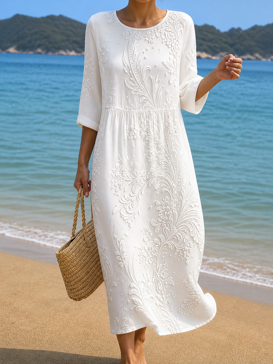 Textured floral midi dress in ivory white, full-length front view on the beach