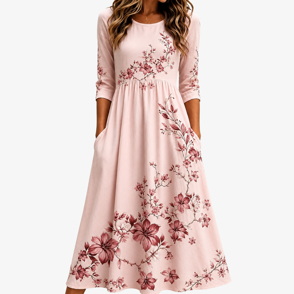 Rose Garden Charm pocket midi dress in blush pink floral print, full front view