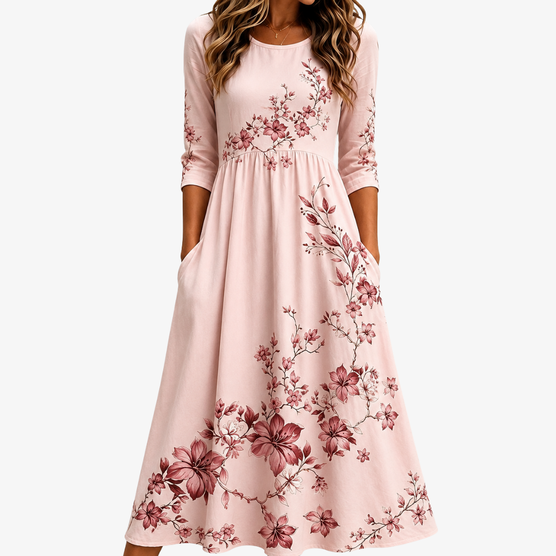 Rose Garden Charm pocket midi dress in blush pink floral print, full front view