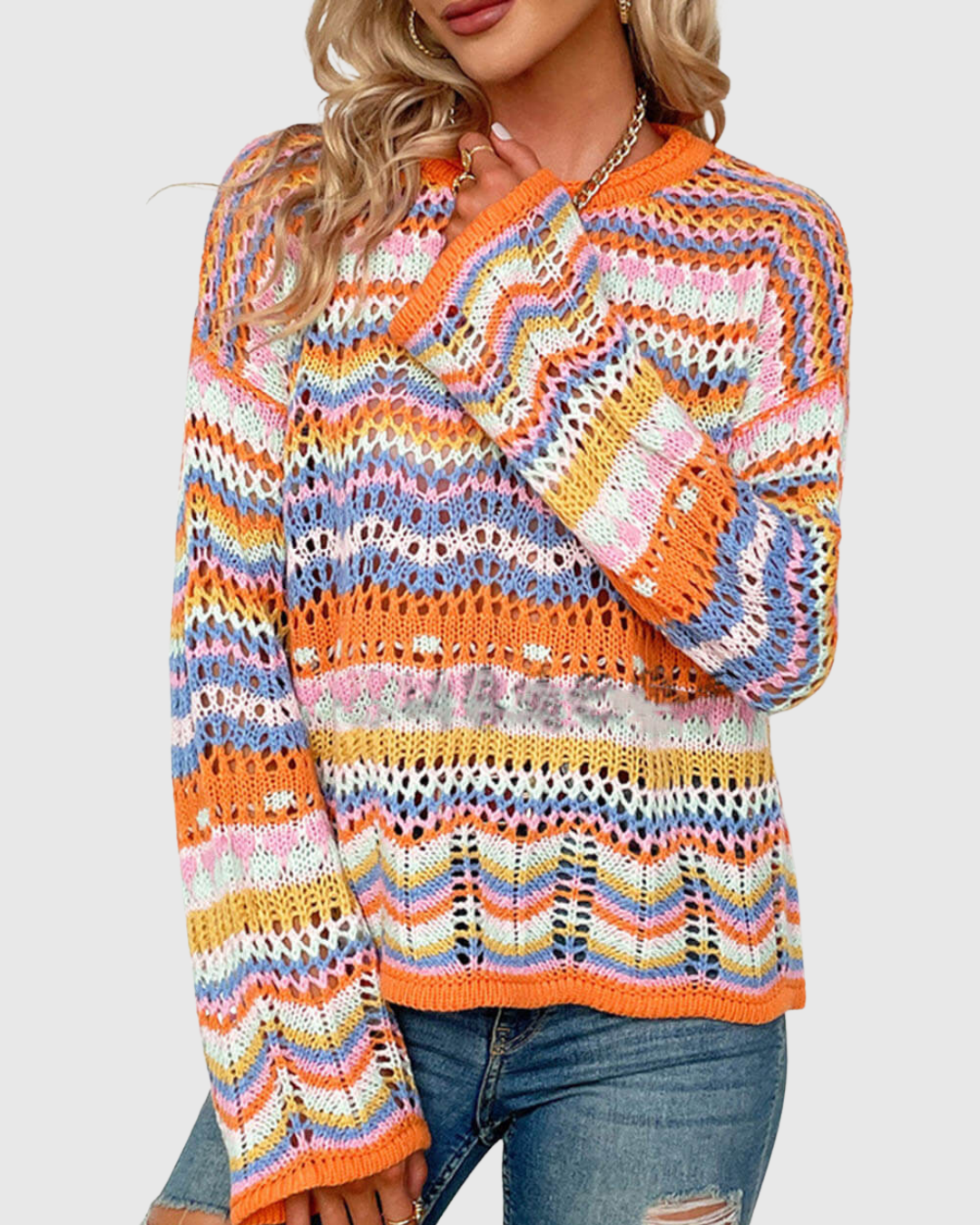 Corvella striped sweater in orange multicolour, sleeve and body detail