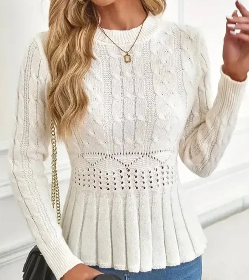 Seyla cable knit peplum sweater in white, front view
