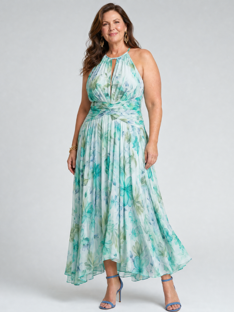 Portia pleated halter midi dress in green floral, full front view