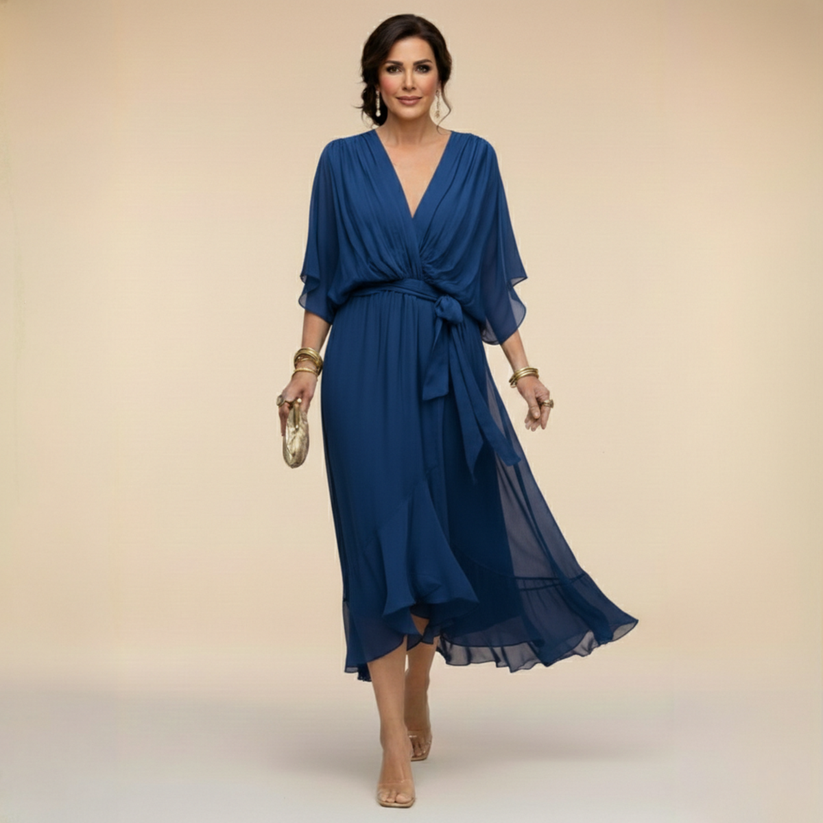 Monica wrap midi dress in blue, full-length front view