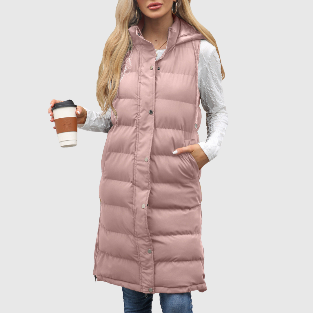 Lifia quilted hooded vest in pink, close three-quarter front view