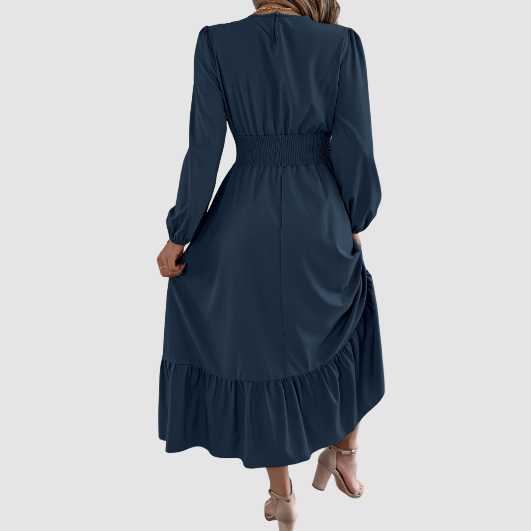 Isola Lane midi dress in navy blue, back view showing smocked waist