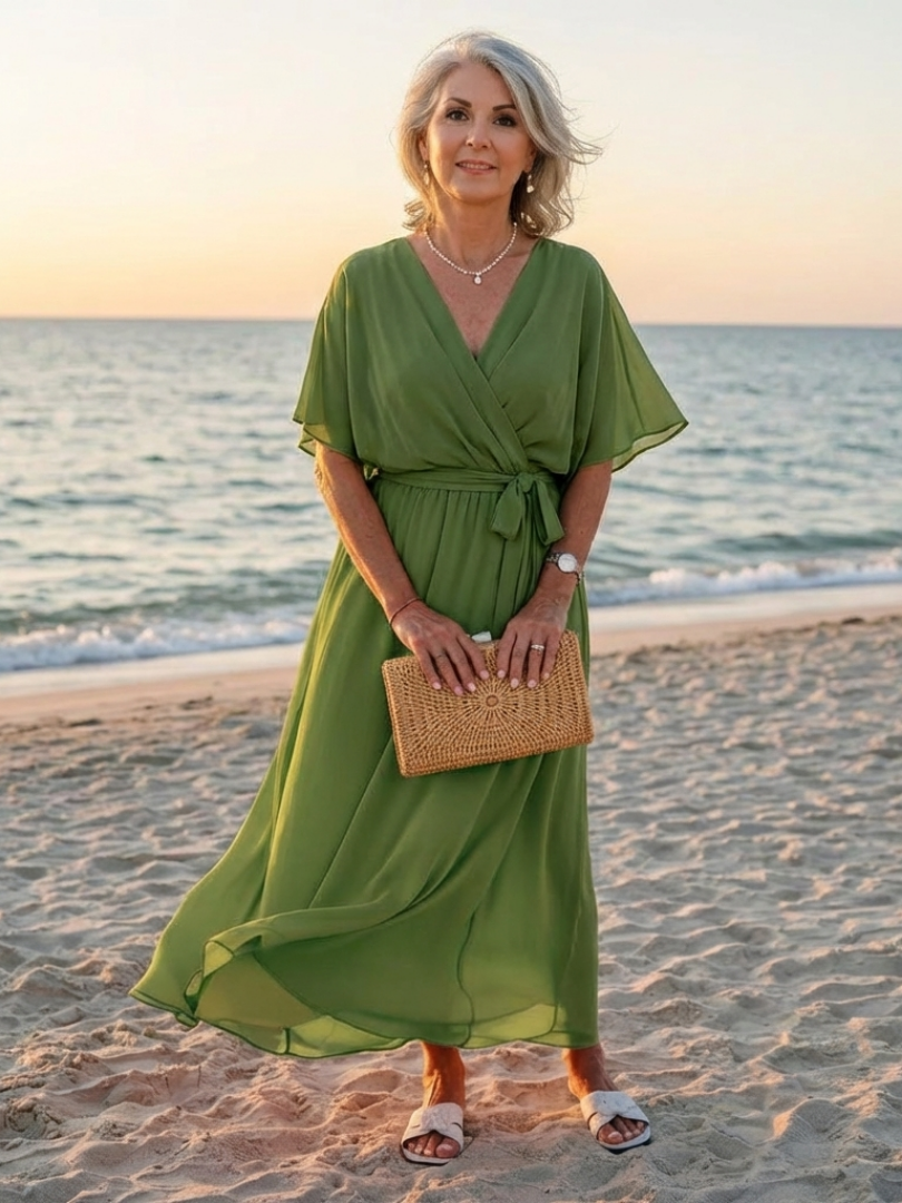 Elysia V neck midi dress in green, worn on the beach at sunset