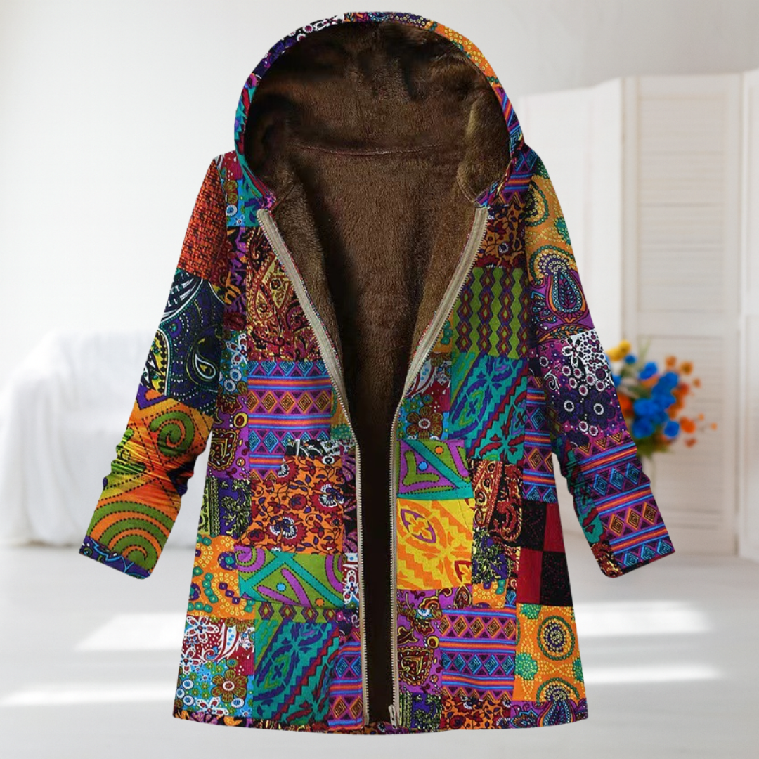 Ellen hooded patchwork coat in multicolour paisley and checks, open front view