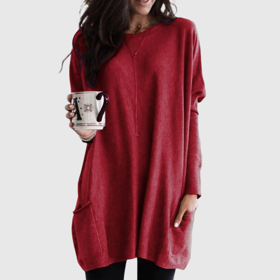 Fenora relaxed pocket tunic in red, full front view