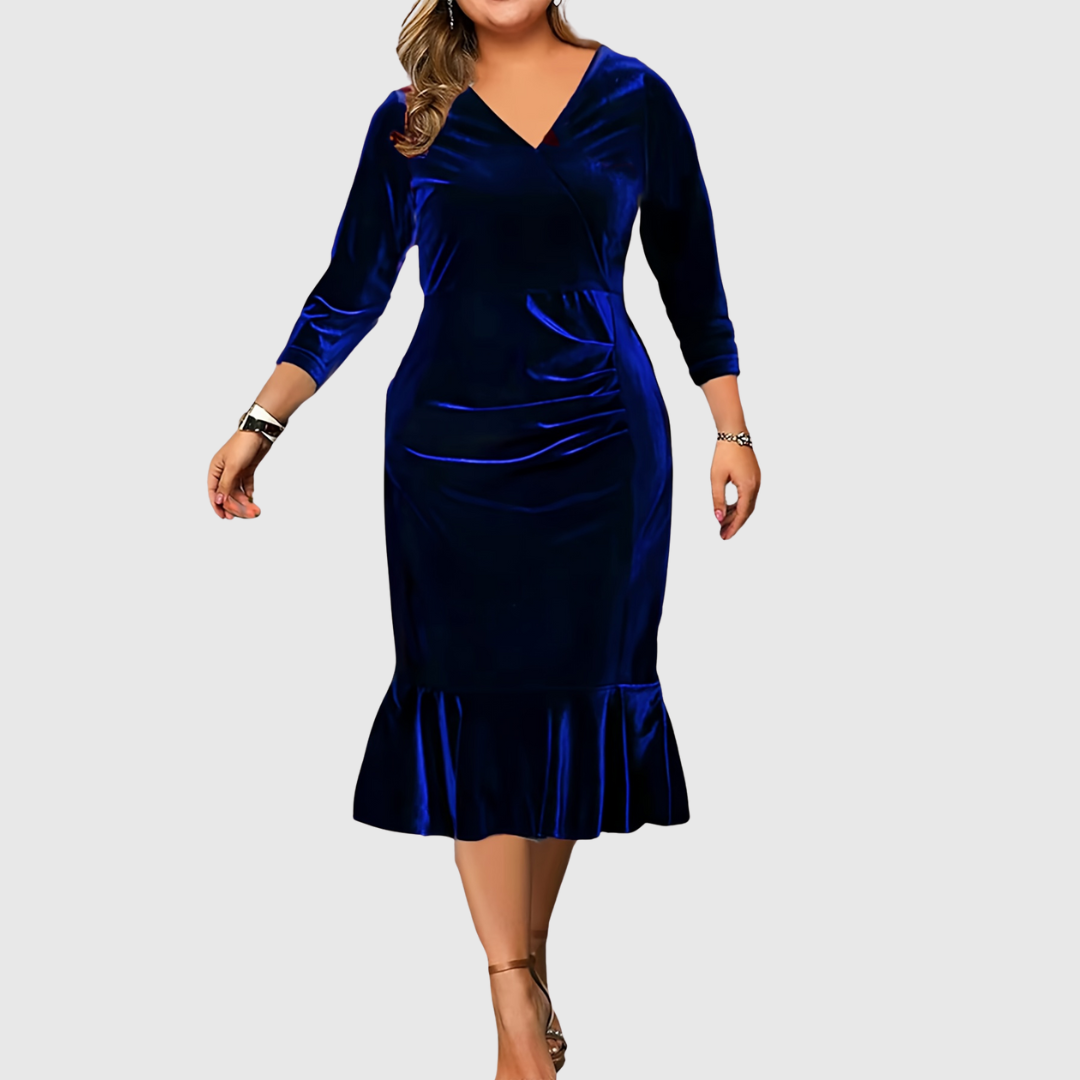 Zaar velvet midi dress in blue, full-length front view